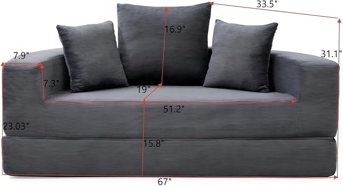 Folding Sofa Bed Corduroy Circular Boneless Couch No Assembly Convertible Sleeper Sofa with 3 Pillow Comfy Futon Sofa Bed for Apartment Office Bedroom Living Room Gray
