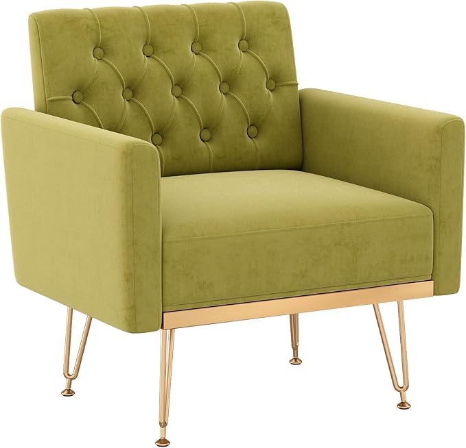 Olela Velvet Accent Chair with Arm for Living RoomModern Armchair Single Sofa Cozy Tufted Upholstered Reading Side Chairs with Gold Metal Leg for Bedroom Decorate(1 Sage Green)