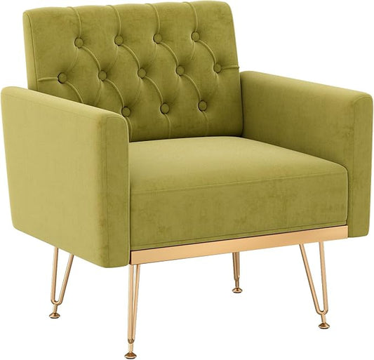 Olela Velvet Accent Chair with Arm for Living RoomModern Armchair Single Sofa Cozy Tufted Upholstered Reading Side Chairs with Gold Metal Leg for Bedroom Decorate(1 Sage Green)