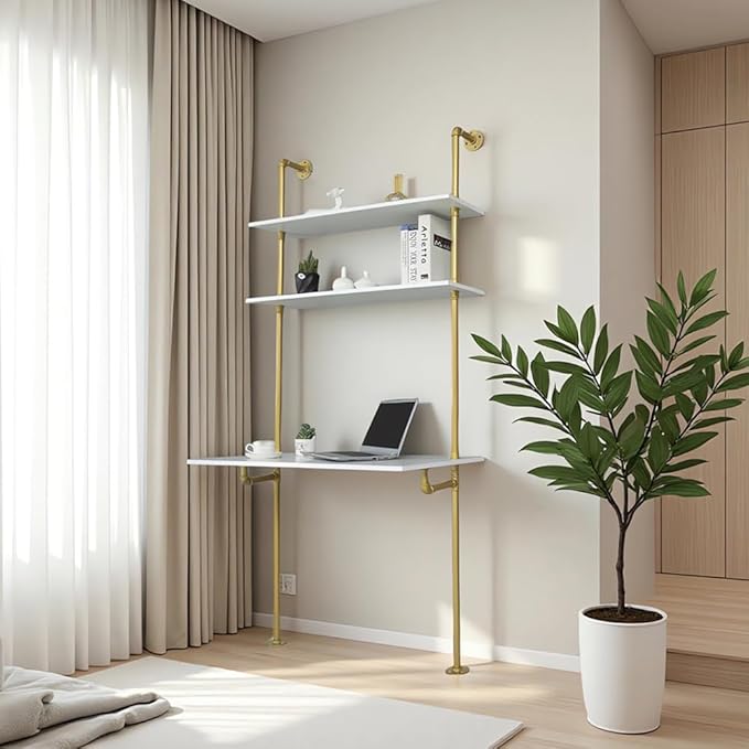 MAIKAILUN White and Gold Desk 36 Ladder Desk Wall Mount Computer Writing Table Pipe Shelf Shelving Mini Narrow Industrial Modern for Small Spaces(36x20x81)