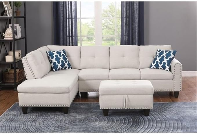 Devion Furniture Polyester Fabric Sectional Sofa with Lift-top Storage Ottoman Tufted Design in Beige Finish