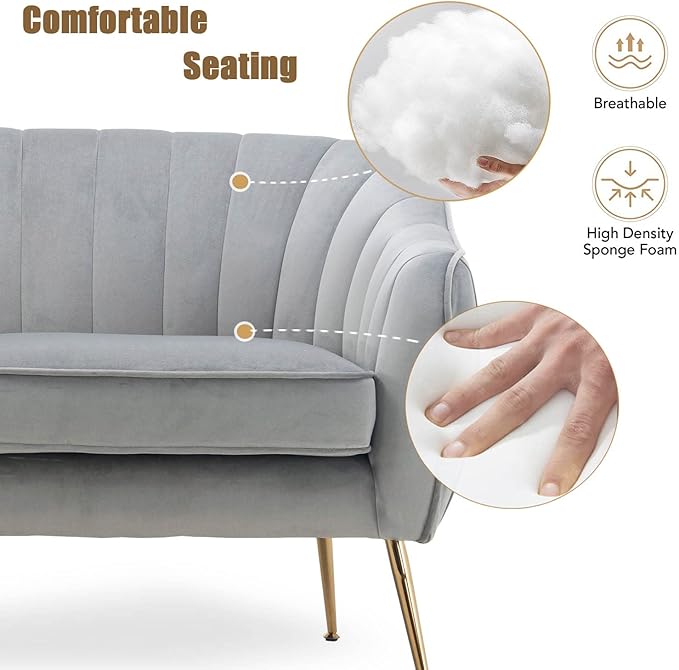 Velvet Couch Sofa Chairs for Two People Modern Loveseat for Living Rooms Bedrooms Small Spaces Golden Finished Grey