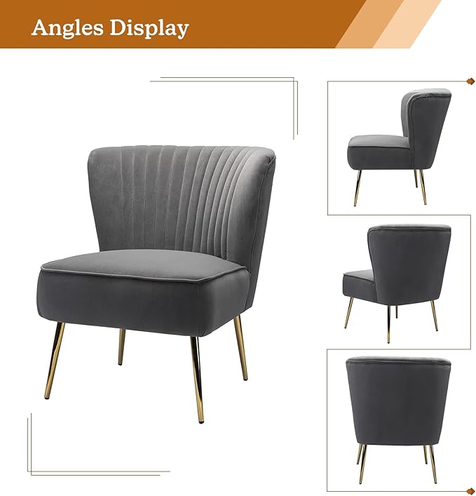 Tina's Home Velvet Armless Accent Chair Upholstered Modern Small Side Chair with Golden Legs Comfy Cute Wingback Slipper Chair for Living Room Study Beauty Room Thickly Padded(Grey)