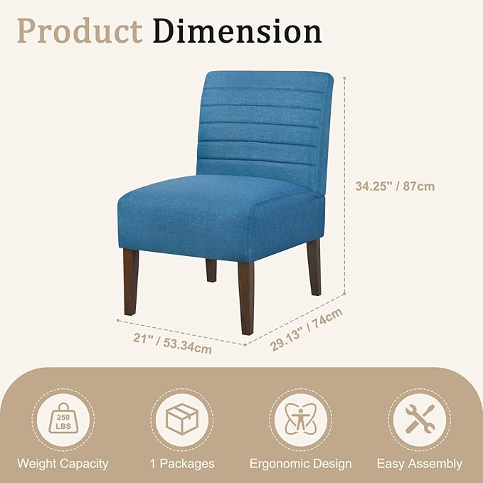 Armless Accent Chair Mid Century Modern Upholstered Living Room Chairs Accent Dining Chair Sofa with Solid Wood Legs Lounge Reading Chair for Bedroom Office (Blue)