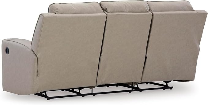 Signature Design by Ashley Lavenhorne Contemporary Faux Leather Manual Reclining Sofa with Drop Down Table Cup Holders and USB Ports Beige