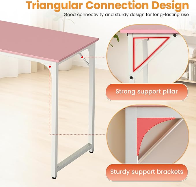 PayLessHere | 32 Inch Computer Desk | Pink | Office Desk with Metal Frame Adjustable Feet | Water-Resistant Scratchproof Surface | Sturdy Writing Table for Home Office or Study | Pack of 1