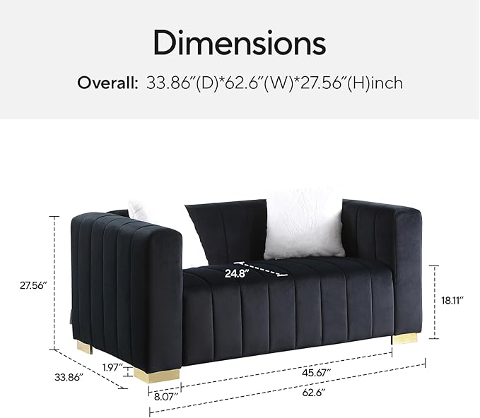 Velvet Couch with Extra Deep Seats 3 Seater Sofa Futon Couch Sleeper Sofa Office Couch Mid Century Modern Couch for Living Room Office Bedroom (Black 63-Loveseat)