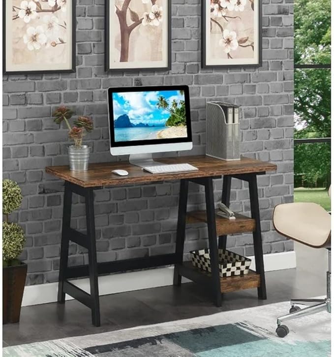 Farmhouse Style Rising Desk Home Office | 2 Open Side Shelves for Extra Storage Wide Top Surface Laddered Legs Reversible | Student Laptop Accessories Solid Wood Manufactured | Dark Brown/Black