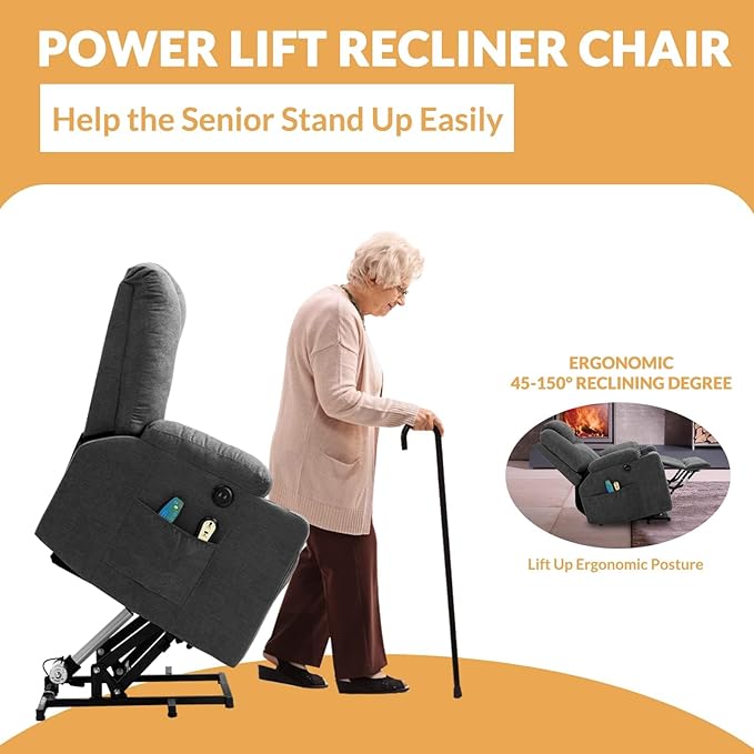 Electric Power Lift Recliner Chair with Heat and Massage for Elderly Ergonomic Lounge Chair Single Sofa Recliners for Living Room with Cup Holders USB Ports4 Pockets Soft Fabric (Gray)