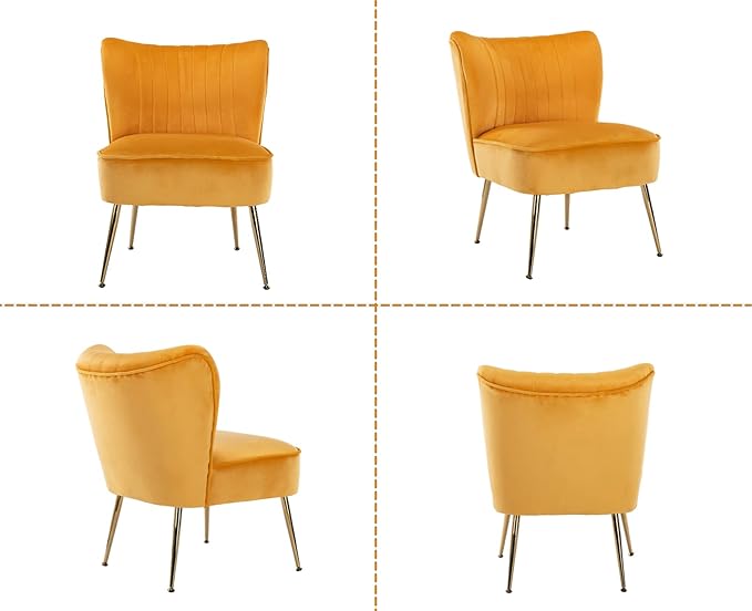 Yellow Velvet Accent Chairs Set of 2 with Golden Legs Upholstered Side Chairs Mid-Century Modern Slipper Chairs for Guest Room Comfy Armless Wingback Corner Single Sofa Living Room Chairs