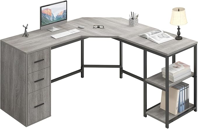 HSH Gray L Shaped Corner Desk with Storage 60 Corner L-Shaped Computer Desk with File Cabinet Shelves Reversible Wood Metal L Shape Home Office Work Study Writing Desk for Dual Monitor Light Grey