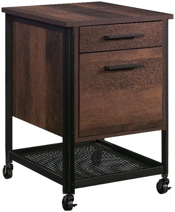 Pemberly Row Mobile File Cabinet Engineered Wood and Metal Barrel Oak Finish 26.58 H x 17.95 W x 20.32 D 2 Drawers with File Storage Perforated Shelf Locking Casters Home Office Organizing