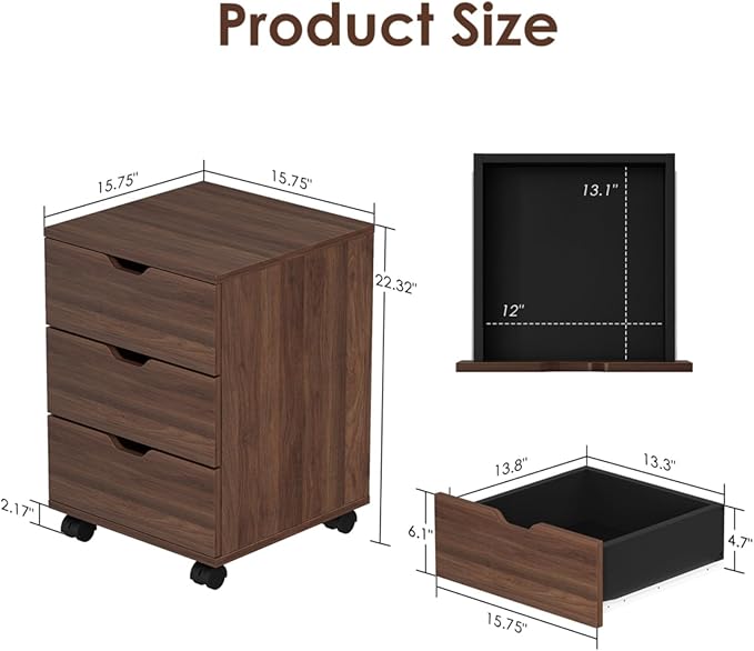 Hassyee 3-Drawer Vertical Filing Cabinet with Compact Storage Solution Rolling Wood Mobile File Cabinets with Four Casters for Home and Office (Brown)