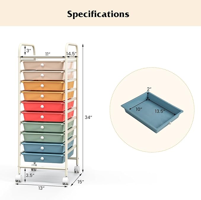 Giantex 10-Drawer Rolling Storage Cart w/Wheels Handle Removable Drawers Mobile Organizer Storage Unit Trolley Utility Cart for Home Kitchen Makeup Living Room Office Play Room