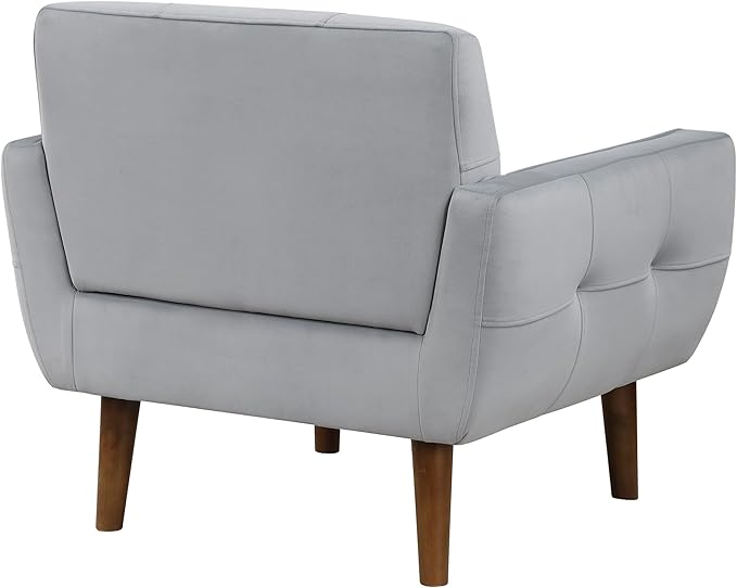 Lexicon Mid Century Modern Accent Chair with Dark Brown Solid Wood Leg Velvet Upholstered Living Room Chair Lounge Arm Chair Tufted Detail Single Sofa Chair Comfortable Reading Chair Gray