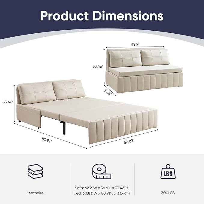 ijuicy 3 in 1 Queen Size Pull Out Sofa Bed Leathaire Sleeper Sofa with Pullout Bed Convertible Loveseat Couch with Pillows and Tri-fold Mattress for Small Spaces Apartment Beige
