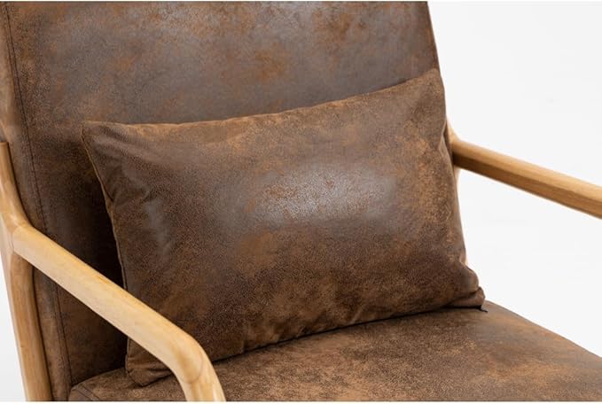 Mid Century Modern Accent Chair with Wood Frame Upholstered Living Room Chairs with Waist Cushion Reading Armchair for Bedroom Sunroom (Brown + Fabric + Cotton)