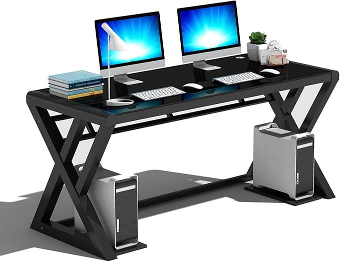 SAMERY Computer Desk Home Office Desks 55.1 Inch Modern Simple Office Black Glass Desk Computer Table Study Gaming Writing Desk Fashion Strength Tempered Glass Office Laptop Desk