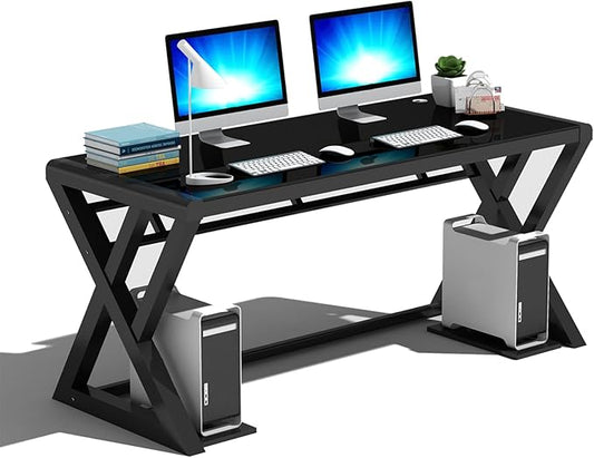 SAMERY Computer Desk &amp Gaming Desk Home Office Desks 55.1 Inch- Modern Simple Writing Study Glass Computer Desk Home Office Desks Space-Saving Multipurpose Workstation with Metal Frame