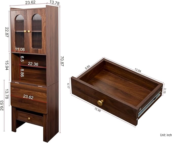 KEIKI Fold-Out Home Office Desks Writing Table with Glass Doors Drawers Bookshelf &amp Storage Shelves Modern Wooden Convertible Workstation for Work Study