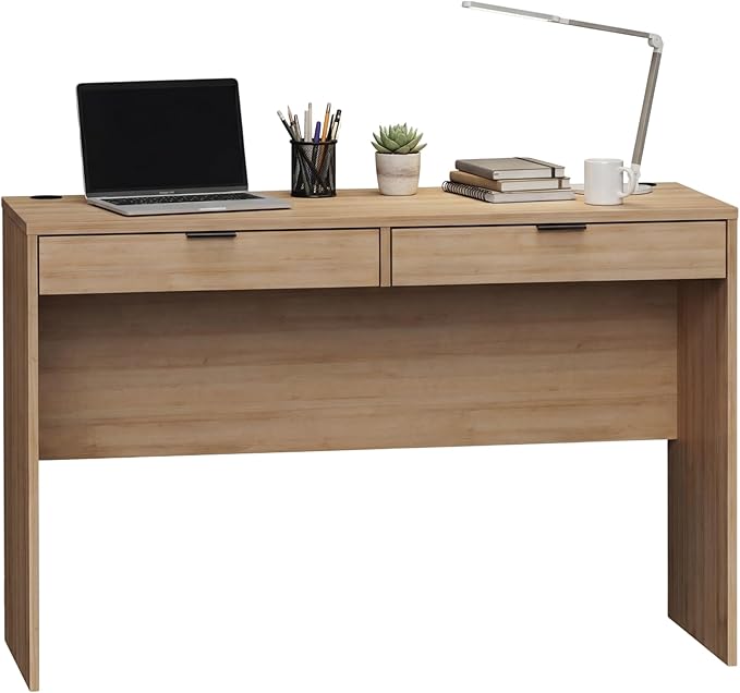 Prepac 46 Writing Desk – Computer Desk with 2 Drawers Light Oak Office Desk for Home Office or Bedroom