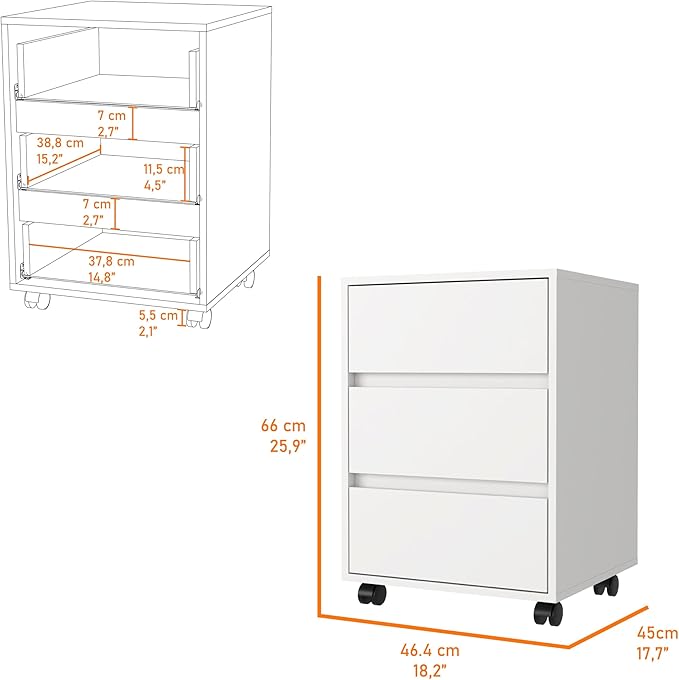 25.98 H White Mobile Filing Cabinet with 3 Drawers 4 Wheels Rectangular Portable Filing Cabinet Modern for Office Study Room