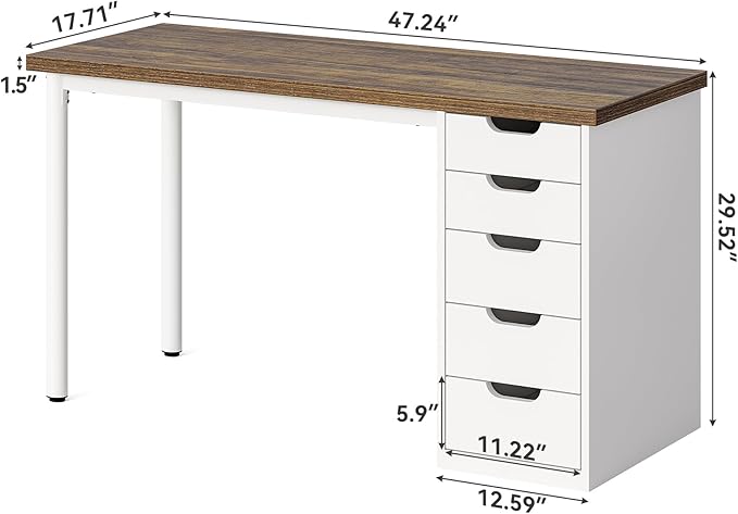 LITTLE TREE Computer Desk with 5 Drawers 47 Inch Modern Simple Study Writing Desk with Metal Frame Work Desk for Home Office Rustic Brown and White