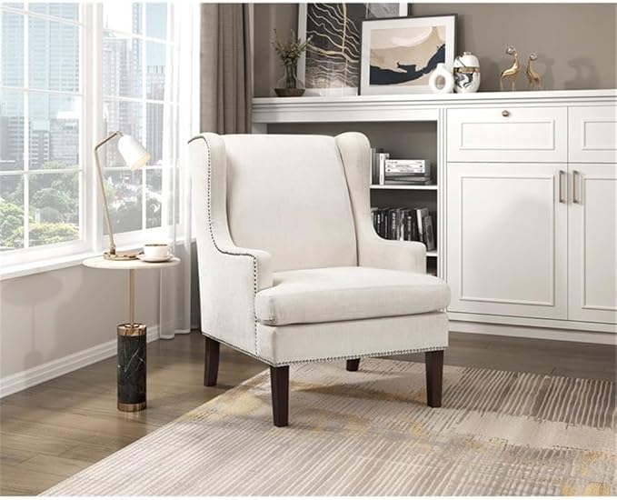 Pemberly Row Accent Chair Textured Beige Upholstery Wingback Design with Nailhead Trim Plush Cushioned Seat Wooden Legs 21 in Seat Width Modern Classic Style for Living Room Bedroom or Office