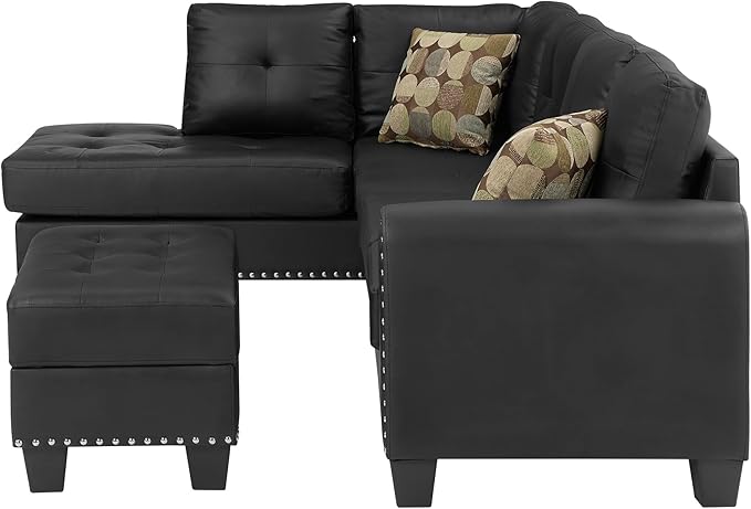 3-Piece Sectional Couch Set L Shape 98 Wide Sofa for Living Room with 2 Cup Holders and Storage Ottoman for Home Furniture Room Decor Black