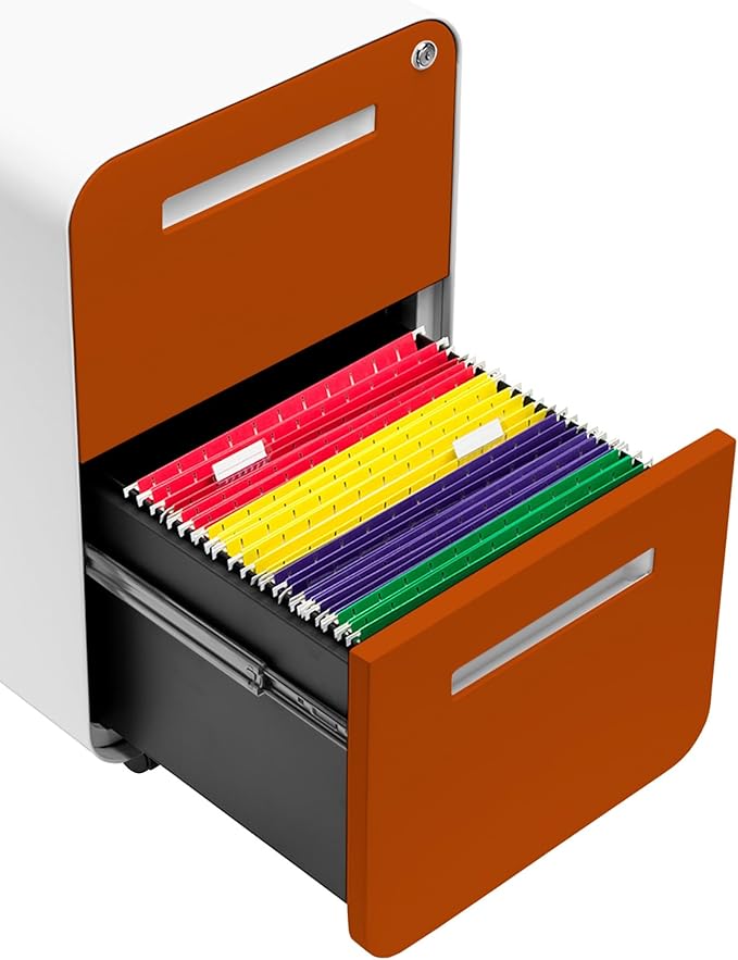 Laura Davidson Furniture Stockpile 2 Drawer Mobile File Cabinet with Lock - Under Desk Metal Filing Cabinet Legal/Letter File Folders Wheels and Stationary Feet Pre-Assembled White/Orange