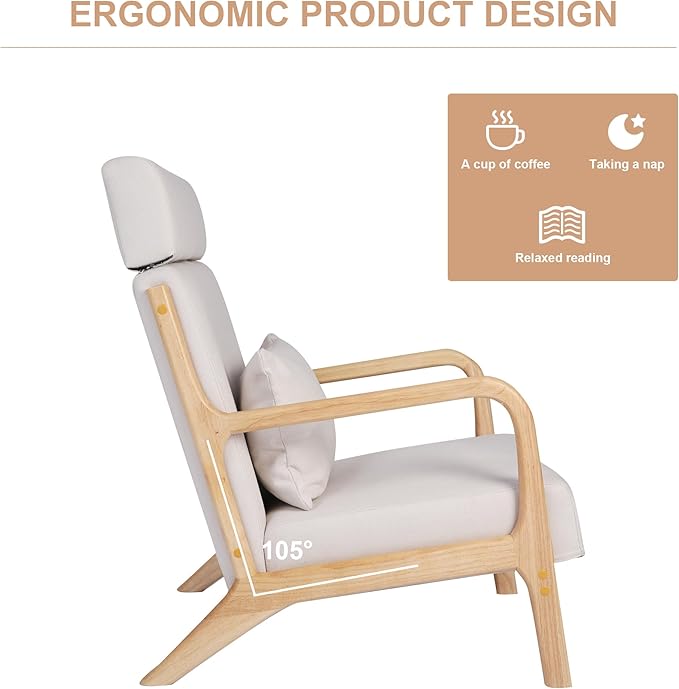 LUCKYERMORE Modern Accent ChairSet of 2 Reading Armchairs with Adjustable Headrest Upholstered Linen Lounge ChairSolid Wood Comfy Chair for Living Room Bedroom Apartment Beige