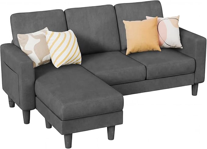 Homall 3 Seat Couch L Shape Sofa with Side Storage Pockage Sectional Couches with Reversible Ottoma Upholstered Sofa for Living Room and Small Spaces (Linen Fabric Graphite Grey)