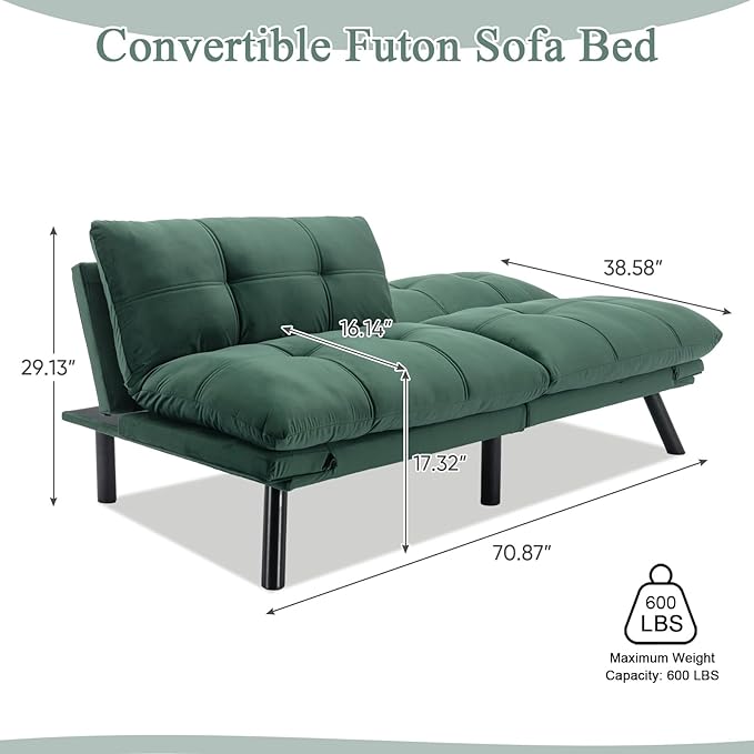 Convertible Velvet Futon Sofa Bed Comfy 72 L Sleeper Couch with Thicker Cushion Upholstered Modern Reclining Loveseat Folding Sofa for Small Living Room Dorm Apartment Office Emerald