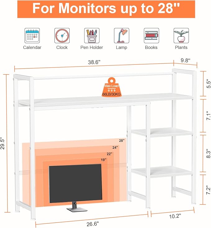 Snughome Desk Shelf 38.6 Desktop Organizer Shelf Desk Hutch for Computer Monitor 4 Tier Desk Display Rack Wood Desktop Bookshelf Storage Rack for Home Office Dorm White