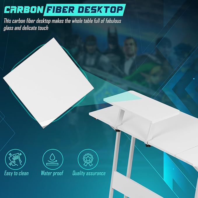 L Shaped Gaming Desk50.4 Computer Desk with Monitor Stand &amp Carbon Fiber SurfaceCorner Desk Gaming Table Home Office Study Writing WorkstationWhite