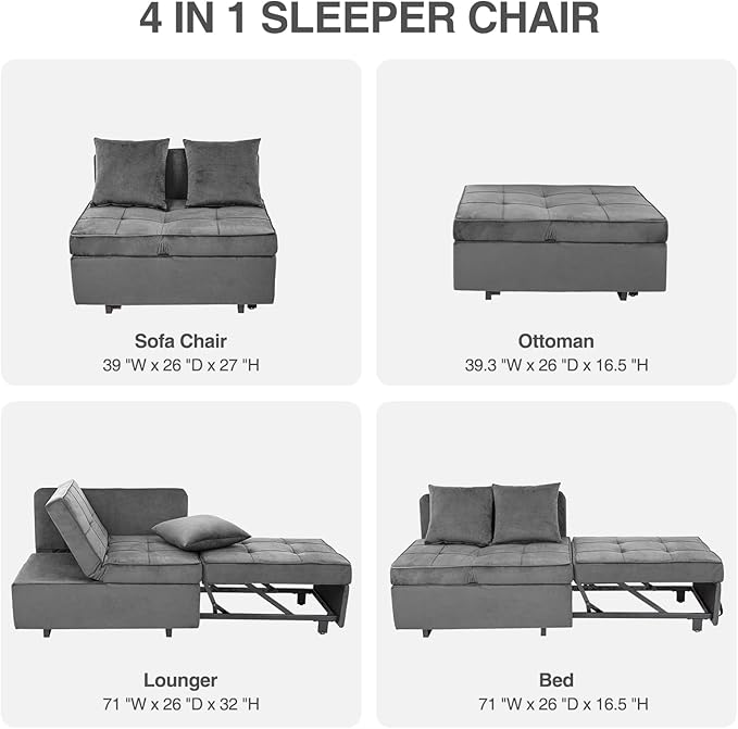 Sofa Bed 4-in-1 Convertible pull out Couch Velvet Love seat Couch Sleeper Chair Bed with 2 Throw Pillow Single Recliner with 5 Adjustable Backrests for Living Room Apartment Small Space Light Grey