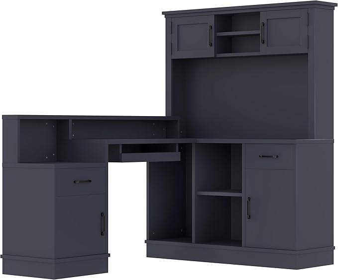 L-Shaped Computer Desk with Outlet Drawers Bookshelf Modern Corner Desk L-Shaped Study Table Writing DeskCorner Gaming Computer Desk with Storage (Blue-01)