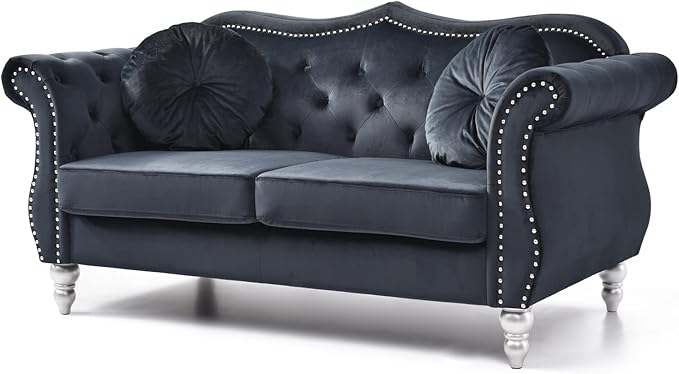 Velvet Loveseat 68 Wide Dark Gray - Hollywood Regency Style Sofa Black