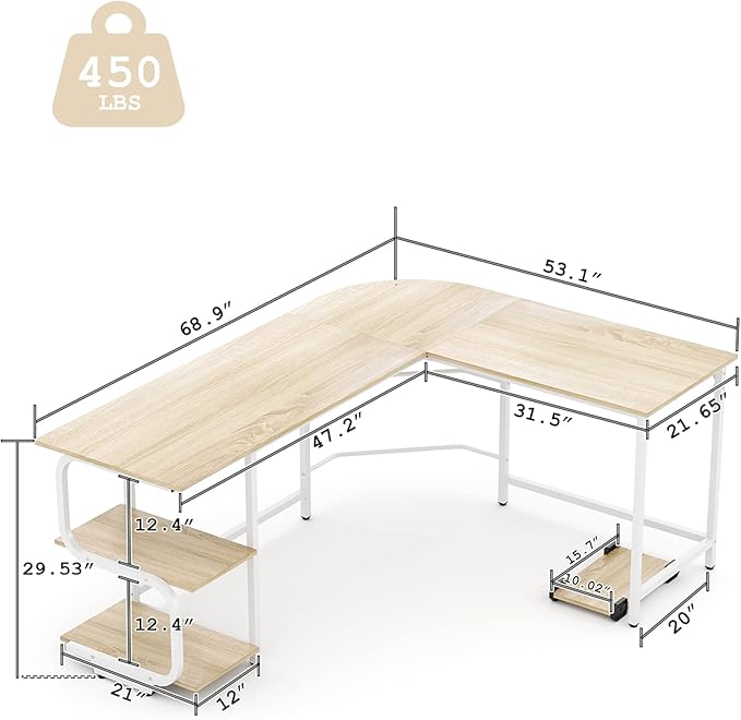 Teraves Reversible L Shaped Desk with Large Surface 69 Inch Sturdy Corner Desk with Storage Shelves Premium Office Computer Desk Workstation for Home Office Gaming