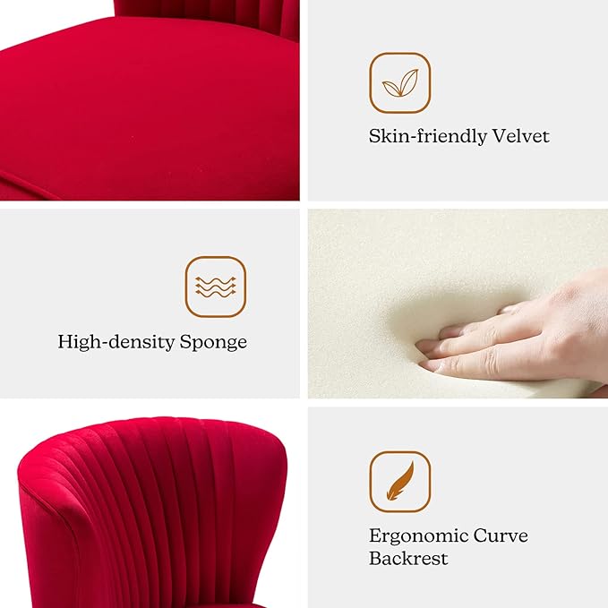 Tina's Home Velvet Armless Accent Chair Upholstered Modern Small Side Chair with Golden Legs Comfy Cute Wingback Slipper Chair for Living Room Study Beauty Room Thickly Padded(RED)