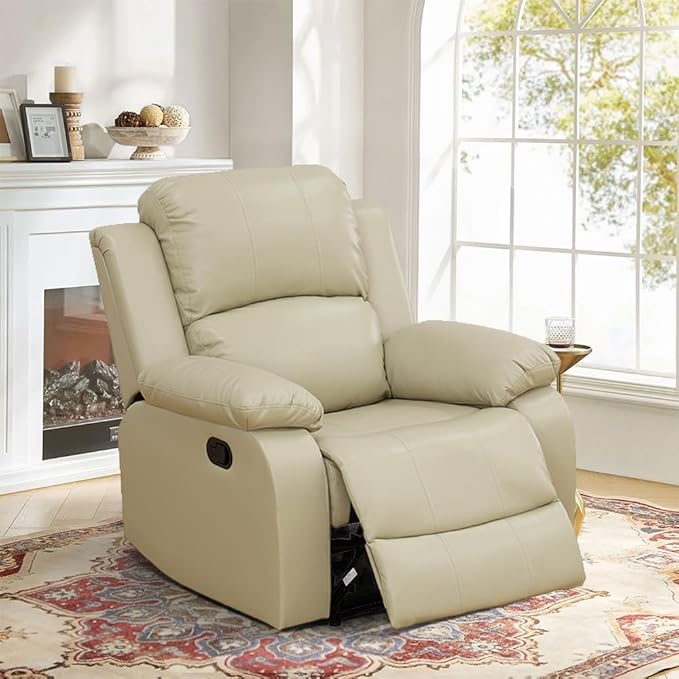 Manual Leather Recliner Chair Sofa for Living Room35 Ergonomic Reclining Chair with 10 Arm/Upholstered Seat/Metal FrameModern Single Couch for Rv Sofa/Home Theater Seating/Office(Beige)