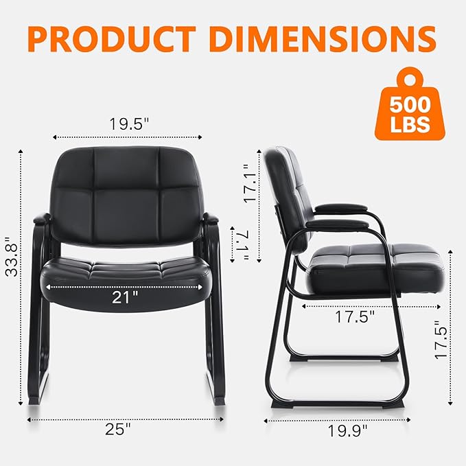 CLATINA Big &amp Tall Waiting Room Guest Chair with Bonded Leather Padded Arm Rest and Sled Base for Office Reception Lobby and Conference Desk Black(2 Pack)