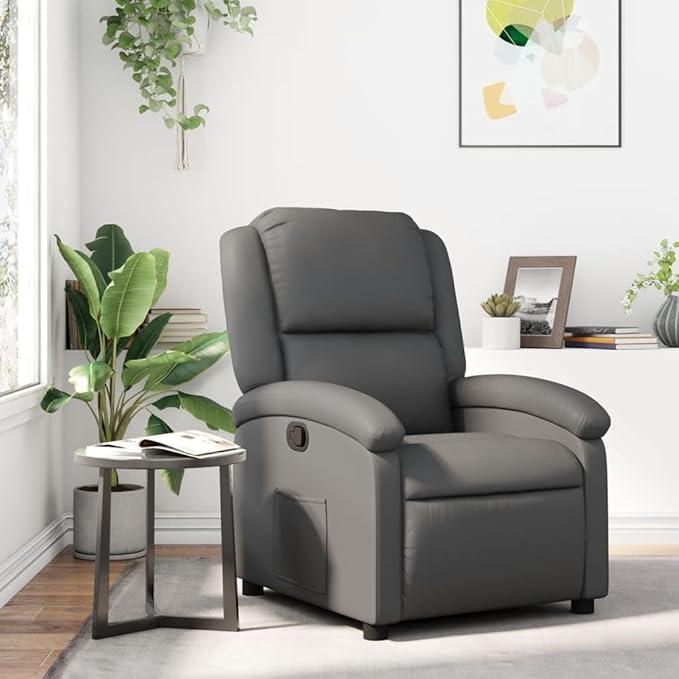 vidaXL Modern Recliner Chair in Gray Faux Leather with Adjustable Footrests and Side Pocket for Living Room Bedroom Office Use Chairs Reclining Armchair Elderly TV Sofa Push