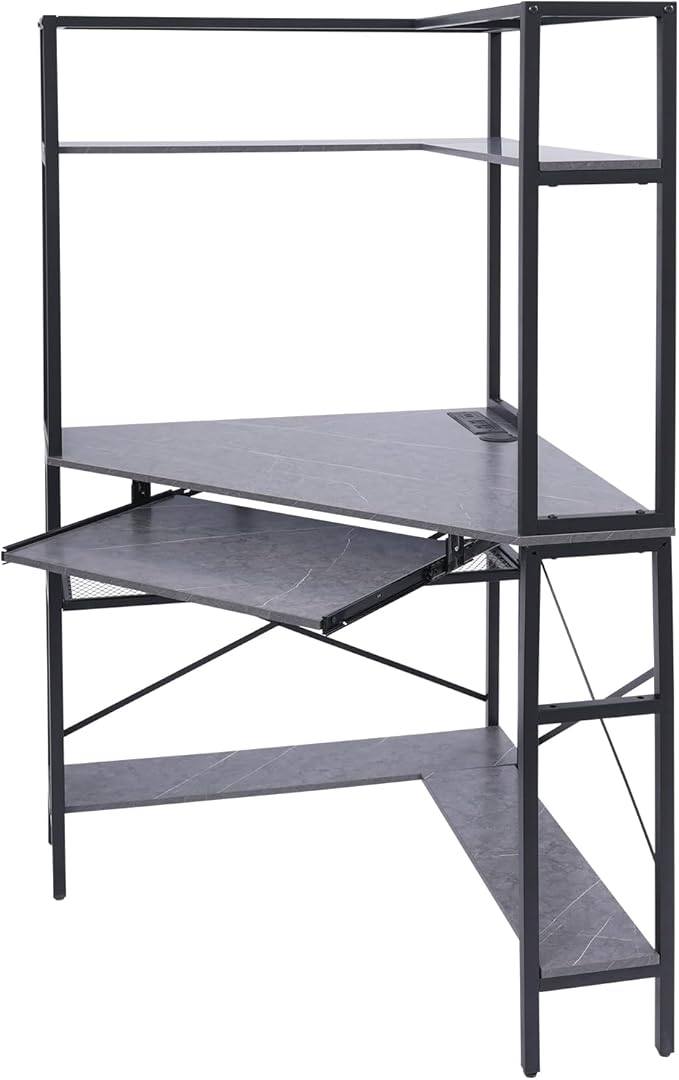 Corner Desk with Hutch 90 Degrees Triangle Computer Desk w/Keyboard Tray &amp Bookshelves for Small Space Space Saving Writing Desk w/Storage Shelves for Bedroom Apartment (Gray)