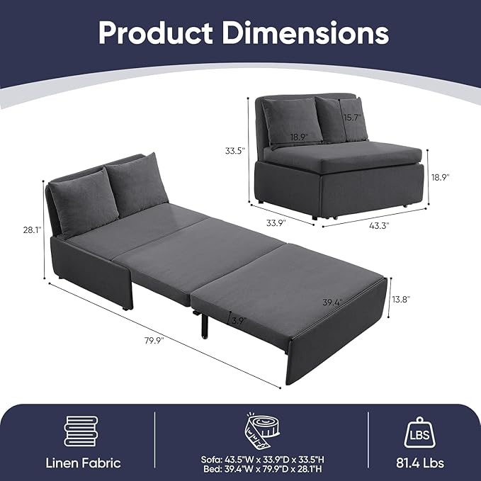 ijuicy 3 in 1 Twin Sleeper Sofa with Pullout Bed Linen Pull Out Sofa Bed Convertible Loveseat Couch Beds with Pillows and Tri-fold Mattress for Small Space Apartment Dark Grey