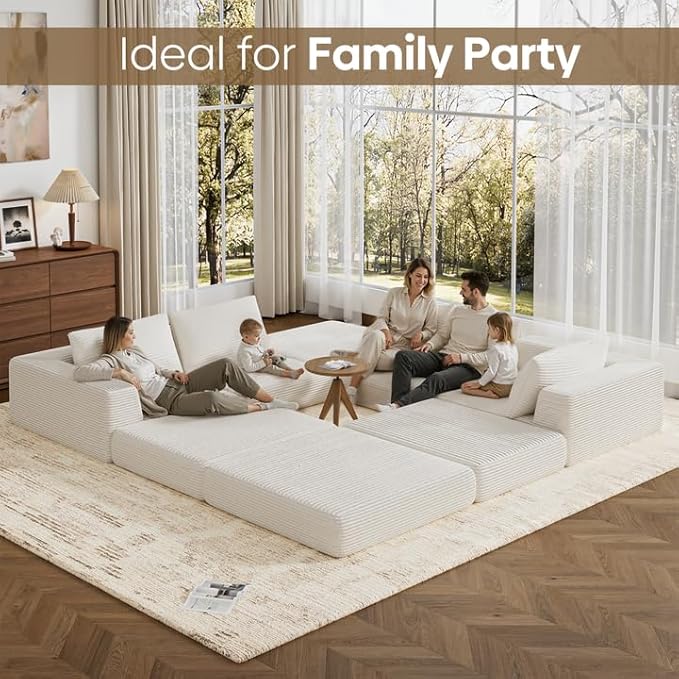 L-Shaped Corduroy Modular Sectional Couch Modern Floor Couch Sofa for Apartment Living Room Convertible Sleeper Sofa Bed with 3 Pillows No Assembly Required Beige