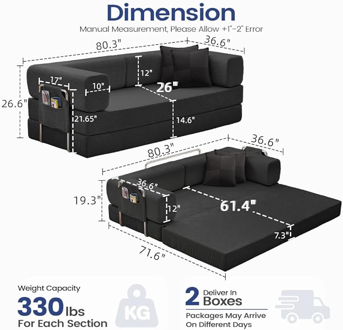 Folding Sofa Bed Convertable Corduroy Couch King Size Floor Sleeper 4-in-1 DIY Combination Modular Sofa Fold Out Futon Lounge Comfy Foldable Lazy cama for Living Room (Black 80.15)