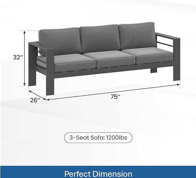 75 All-Weather Sofa Bed with Heavy-Duty Frame Stylish Sofa Bed with Water-Repellent Olefin Comfort 3-Seater Sofa with High-Density Foam for Patio Balcony Gray+Gray