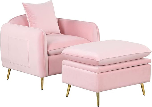 35.2 Modern Accent ChairSingle Sofa Chair with Ottoman Foot Rest and Pillow for Living Room Bedroom Small Spaces Apartment OfficePink