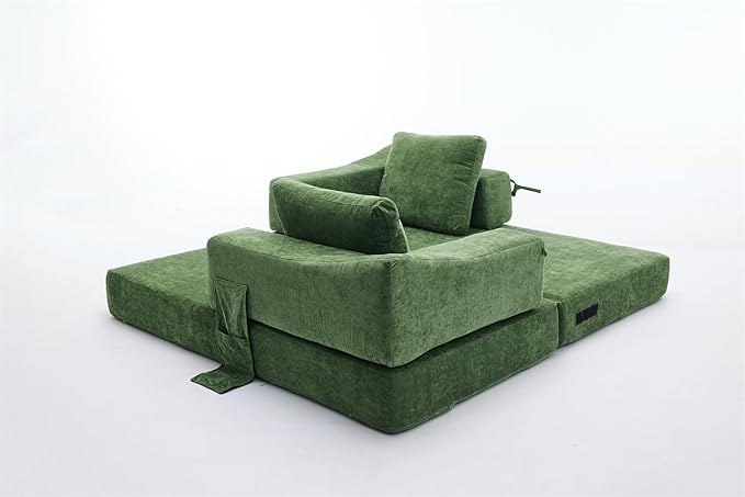 LUMISOL 70 Folding Pull Out Sofa Bed Convertible Futon Sofa Bed with Removable Armrests &amp Side Pockets Portable Foldable Floor Sleeper Sofa Couch with 2 Pillows for Living Room Green